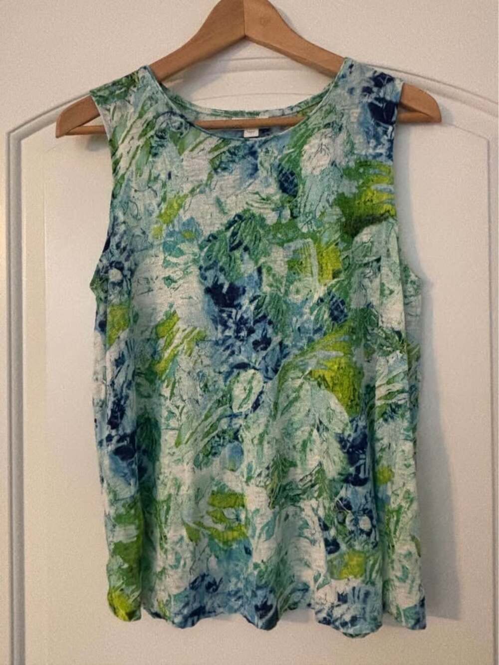 J. Jill Love Linen Tropical Watercolor Floral Sleeveless Tank Top Green Blue S